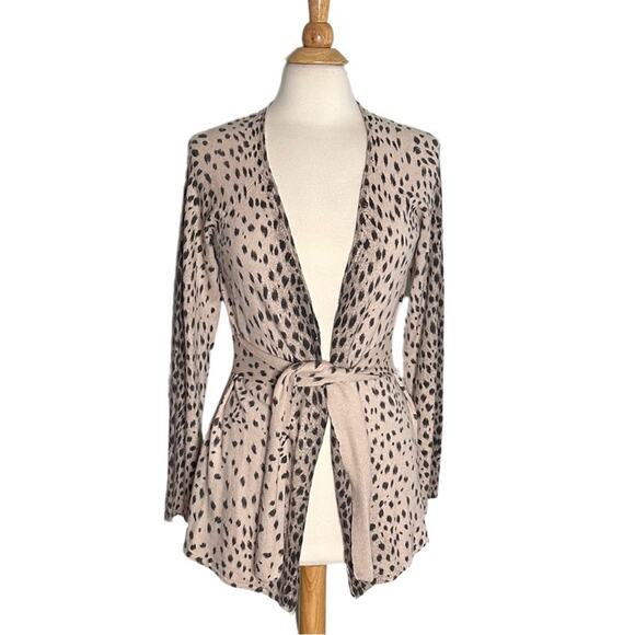 Leopard Print Open Front Wool Blend Tie Up Cardigan Beige Neutral Minimal PP10 - Picture 1 of 3